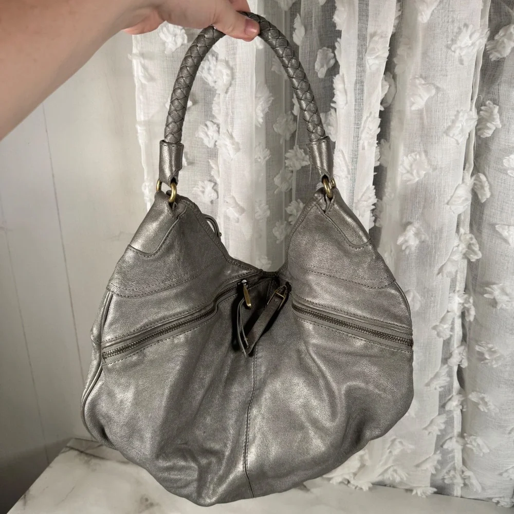Banana Republic Silver Italian Leather Hobo Bag Purse Braided Strap Lambskin